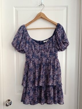 Francesca's Blue Floral Puff-Sleeve Mini Dress with Dusty Pink Accents